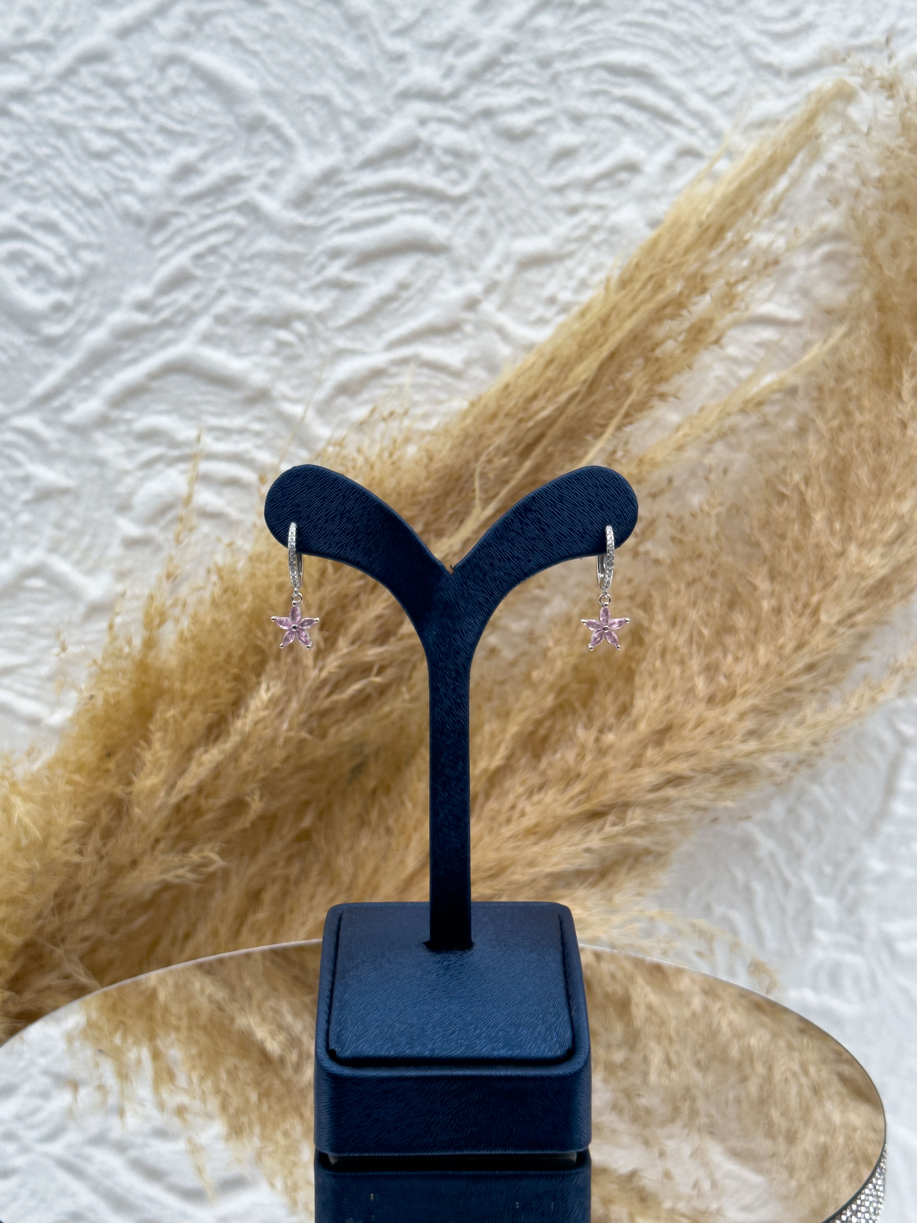 925 Ayar Gümüş Pembe Kuvars Taşlı Lotus Modeli Kadın Küpe